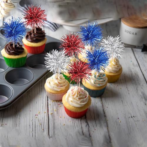 30 PCS Foil Firework Cupcake Toppers Sparkle Tinsel Cupcakae Picks 4th of July Decorations Cocktail Fruit Toothpick for Fireworks Theme Birthday Wedding Graduation Party Decor Supplies Blue Red Silver (30 Count)