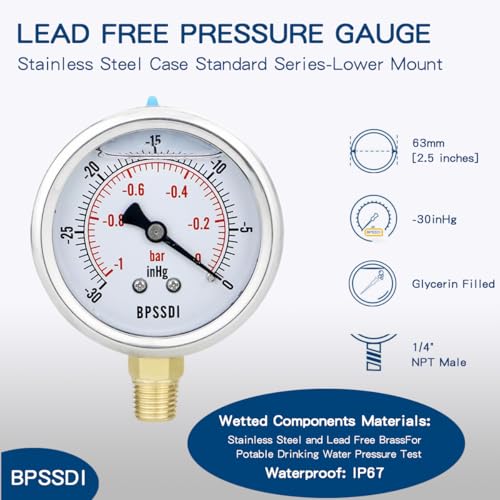30 inHg Vacuum Silicone Oil Liquid Filled Low Pressure Gauge