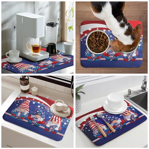 4th of July Dish Drying Mat 18x24 Inch Spring Summer Patrioti Gnome Memorial Kitchen Mats Independece Day Absorbent Dishes Pad for Kitchen Counter Usa Stars Drying Mat Home Decor Countertops