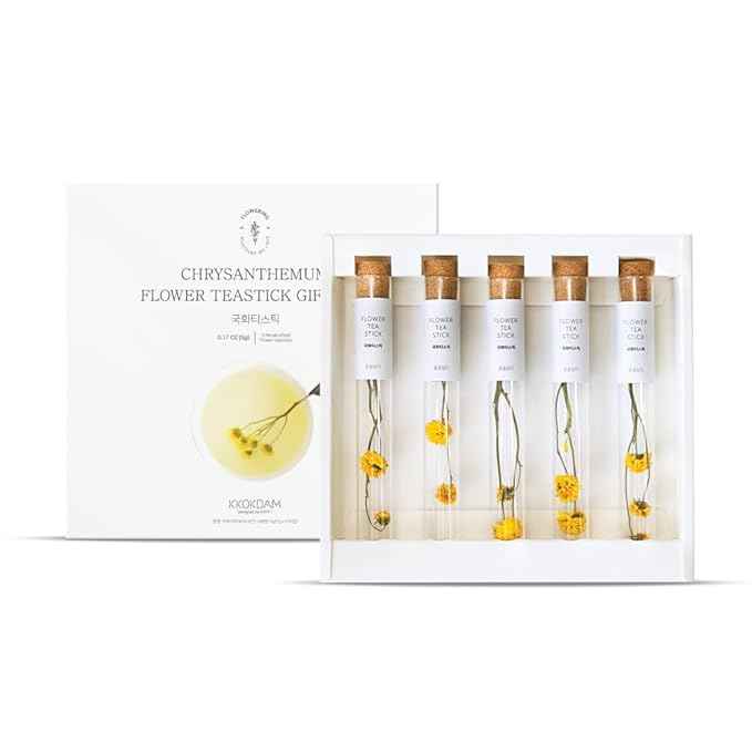 KKOKDAM Tea Gift Set - Chrysanthemum Blooming Tea Flowers - Fancy Korean Gifts For Teas Lovers - 5 Premium Flower Sticks