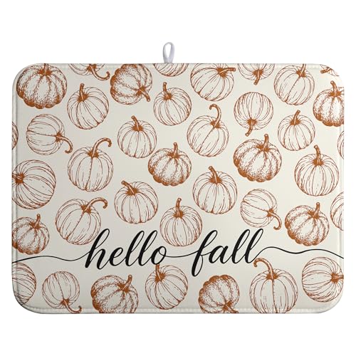 Hello Fall Dish Drying Mats Thanksgiving Pumpkin Dish Mat Autumn Drying Matt Dishes Dryer Pad for Kitchen Counter Absorbent Microfiber Washable Foldable Reusable 18x24 in