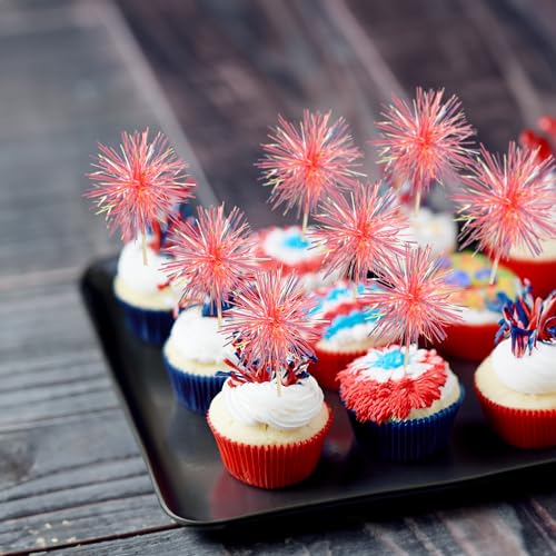 30Pcs Foil Firework Cupcake Toppers Sparkle Tinsel Cake Toppers Tinsel Drink Cake Decoration Cocktail Picks for Birthday Wedding Graduation Party Supplies Laser Orange (30 Count)