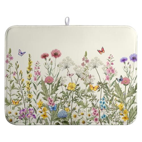 Spring Dish Drying Mat Summer Floral Flowers Kitchen Dish Drying Pad Absorbent Dish Dryer Mat for Kitchen Countertops Microfiber Dishes Drainer Pad Dish Drying Rack Mat