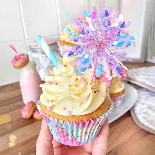30 PCS Foil Firework Cupcake Toppers Sparkle Tinsel Cupcake Picks Happy Birthday Cake Toppers Drink Stirrers Cocktail Food Fruit Toothpicks for Baby Shower Birthday Party Decorations Supplies Purple (30 Count)