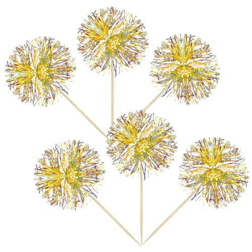 30Pcs Foil Firework Cupcake Toppers Party Birthday Cake Toppers Supplies Sparkle Tinsel Cocktail Fruit Toothpick for Birthday Wedding Graduation Party Yellow (30 Count)