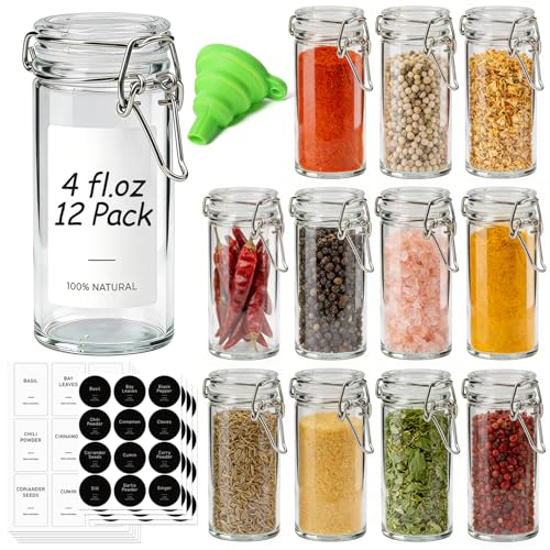 Small Glass Spice Jars with Airtight Lids 4oz 12 Pack with Labels (12 Count)