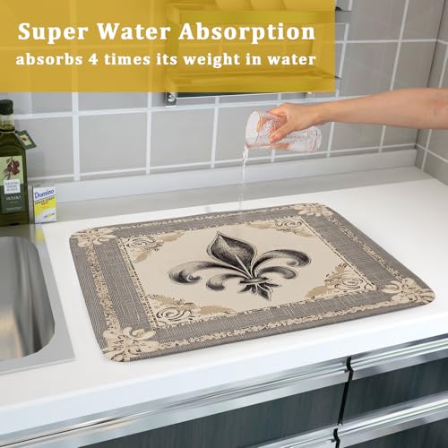 Mardi Gras Dish Drying Mat for Kitchen Vintage Fleur De Lis Print Dish Drainer Mats 18x24inch Country Style Dish Drying Rack Pad Protector for Countertop Dining Holiday Decor