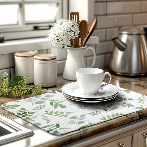 Summer Sage Green Leaves Dish Drying Mat Spring Eucalyptus Leaf Kitchen Dish Drying Pad Absorbent Dish Dryer Mat for Kitchen Countertops Microfiber Dishes Drainer Pad Dish Drying Rack Mat