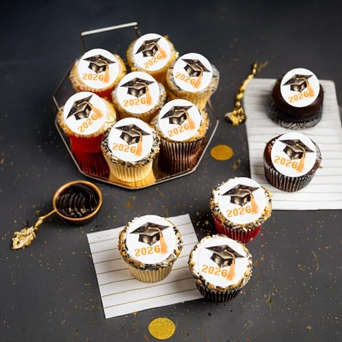 48Pcs Edible 2026 Graduation Cap Cupcake Toppers Wafer Paper Class of 2026 Grad Cap Cupcake Picks for 2026 Graduation Theme Party Cake Decorations Supplies Gold (48 Count)