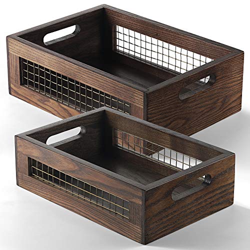 Set of 2 Wooden Countertop Baskets with Sturdy Wire Mesh & Handles (2 Count)