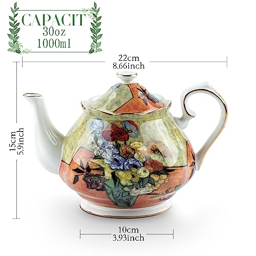 Teapot 30 oz Vangogh Paintings Bone China Loose Tea Pot Floral Design Vintage Ceramic Coffee Water Pot European Style Porcelain (30 Ounce)