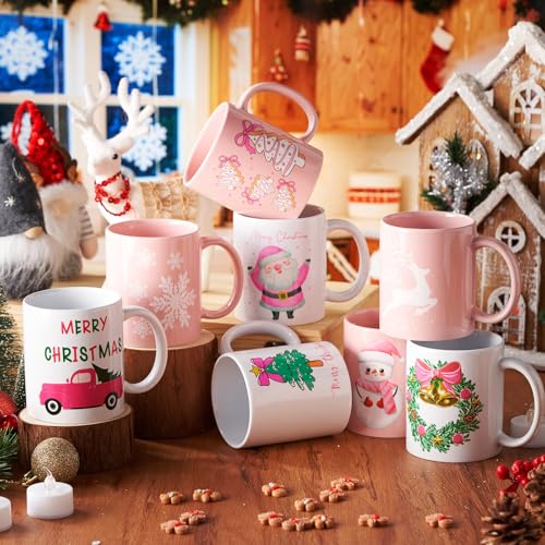 8 Pieces 12 oz Christmas Winter Coffee Mugs Gifts Set with Handle Ceramic Matching Cups for Staff Home School Office Table Centerpieces Housewarming Holiday Party (8 Count)