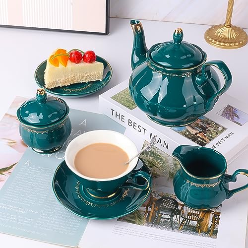Tea Set 22 Piece Porcelain Ceramic Coffee Tea Sets Cups Saucer Service for 6 Teapot Sugar Bowl Creamer Pitcher and Teaspoons Porcelain Tea Set (22 Count)