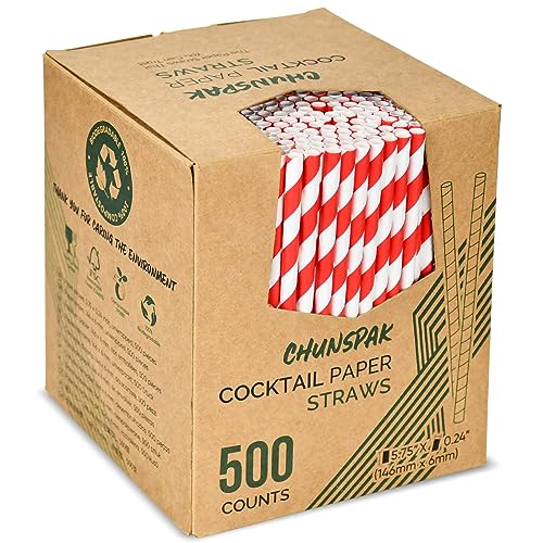 500 Counts] Chunspak 5.75 inch Disposable Red White Striped Small Paper Straws for Cocktail