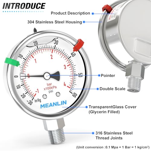 30inHG~60Psi Vacuum Pressure Gauge 316 Stainless Steel Joint 1
