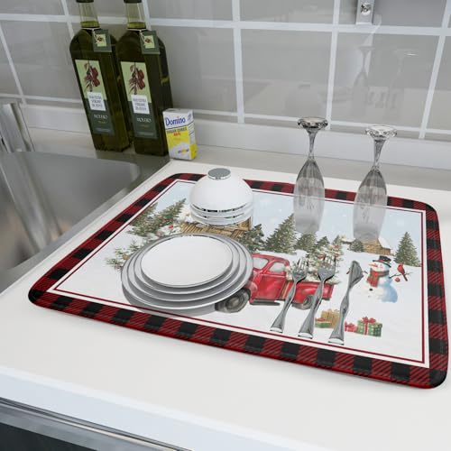 Christmas Truck Dish Drying Mat 18x24 inch Large Winter Snowman Xmas Trees Snow Farm Dish Drainer Mats Red Black Buffalo Plaids Absorbent Dish Drying Pad for Kitchen Countertop Decor