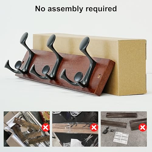 17 Inch Cherry Wood Coat Rack Wall Mount with 3 Triple Hooks