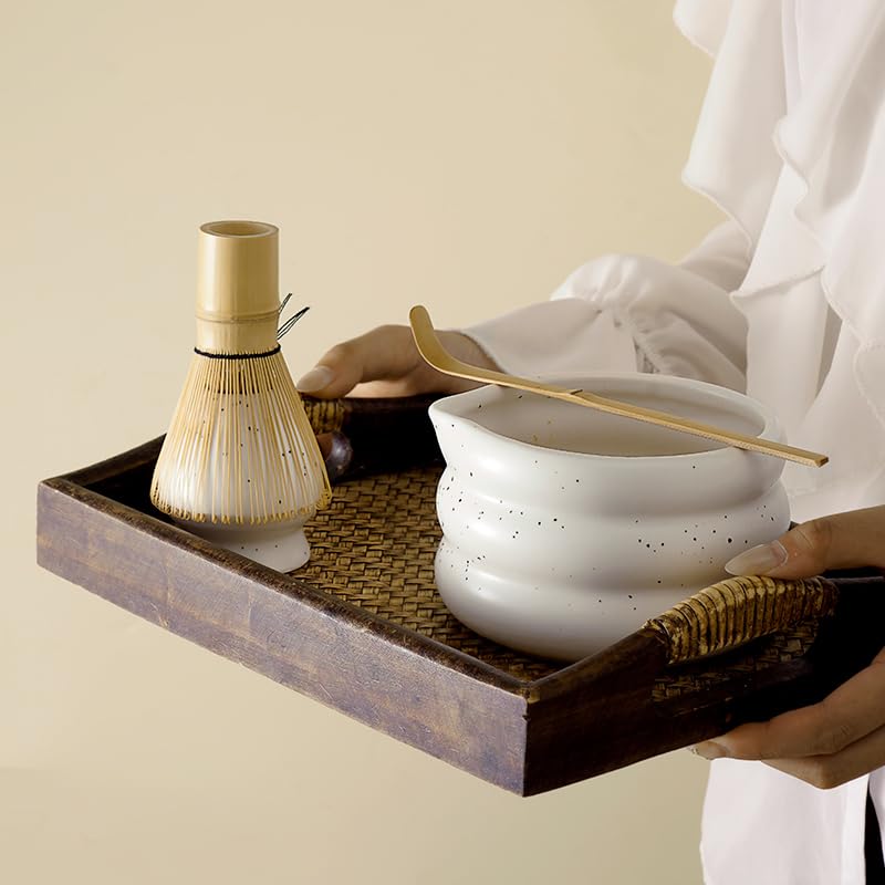 7 piece matcha kit includes matcha bowl. white speckled matcha tea set with bamboo whisk (7 Count)