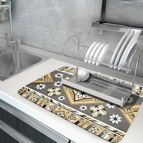 Boho Yellow Gray Aztec Dish Drying Mat for Kitchen Counter