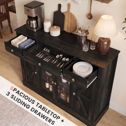 55" Large Coffee Bar Cabinet with 4 Doors and 3 Drawers