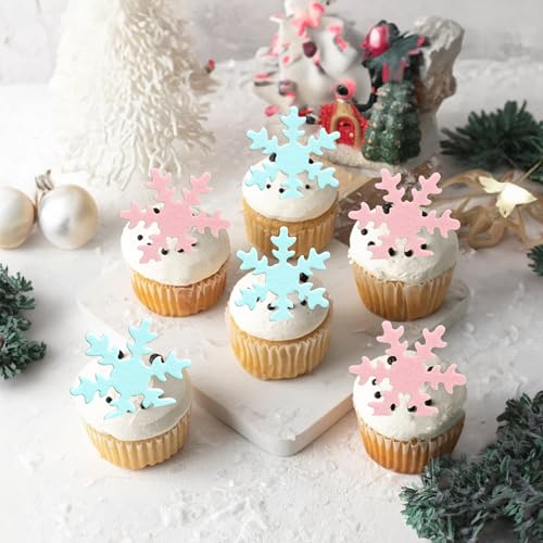 50Pcs Pink Edible Cupcake Cake Toppers Snowflake Cake Decorations for Christmas Winter Frozen Theme Party Supply Decoration Blue Pink (50 Count)
