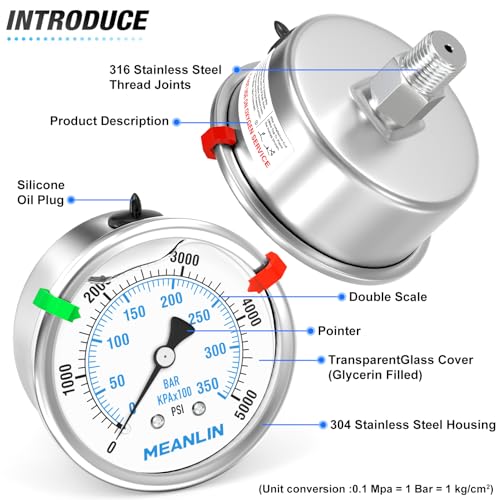 0~5000Psi Stainless Steel Liquid Filled Pressure Gauge 2.5" FACE DIAL 1