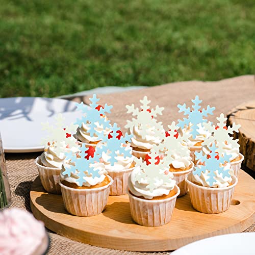 50Pcs Blue White Edible Cupcake Toppers Snowflakes Cake Toppers Snowflakes Cake Decoration Winter Frozen Birthday Party Supplies (50 Count)