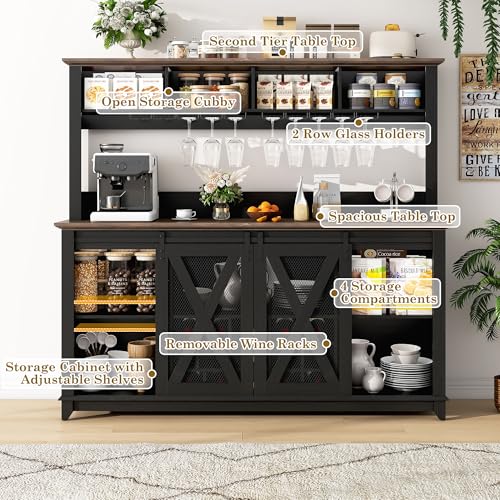 63"Wide 58"H Farmhouse Coffee Bar Cabinet with Power Outlet and LED Light