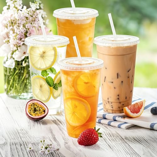 50 Pack 24 oz Clear Plastic Cups with Lids and Straws Disposable (50 Count)
