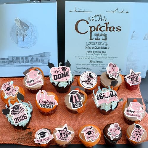 48Pcs Edible Graduation Cap 2026 Cupcake Toppers Wafer Paper Grad Cap Diploma Cake Decoration Picks for 2026 Grad Theme Party Cake Decor Supplies Black Pink (48 Count)