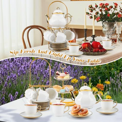 20 Pcs Porcelain Tea Set with Metal Holder (20 Count)