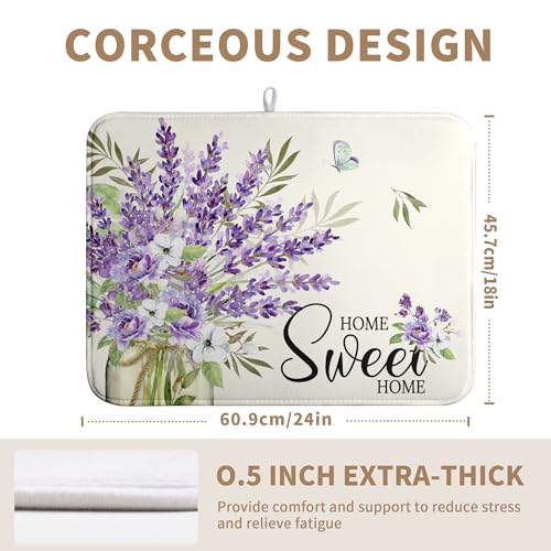 Spring Lavender Floral Dish Drying Mats Spring Summer Dish Mat Purple Flowers Butterfly Drying Matt Dishes Dryer Pad for Kitchen Counter Absorbent Microfiber Washable Foldable Reusable 18x24 in