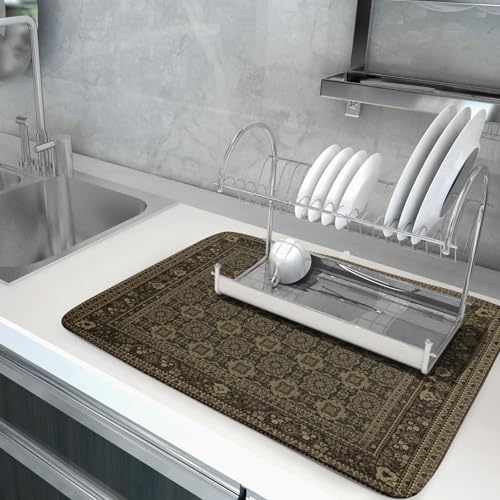 Brown Antique Tabriz Rug Dish Drying Mat for Kitchen Counter