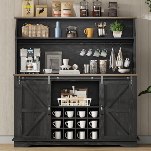 55" Farmhouse Coffee Bar Cabinet with 3 Tier Storage Hutch