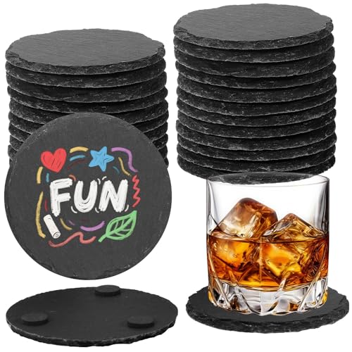 24 PCS Black Natural Slate Coasters Bulk Set 4 Inch Laser Engraving Blanks with Anti Scratch Bottoms for Home (24 Count)