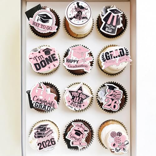48Pcs Edible Graduation Cap 2026 Cupcake Toppers Wafer Paper Grad Cap Diploma Cake Decoration Picks for 2026 Grad Theme Party Cake Decor Supplies Black Pink (48 Count)