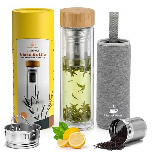 15oz Double Wall Glass Water Bottle with Bamboo Lid and Tea Infuser