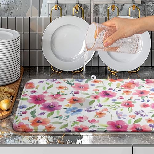 Spring Floral Dish Drying Mat Flowers Summer Kitchen Mat Dish Drying Pad Absorbent Dish Dryer Mat for Kitchen Countertops Microfiber Dishes Drainer Pad Dish Drying Rack Mat