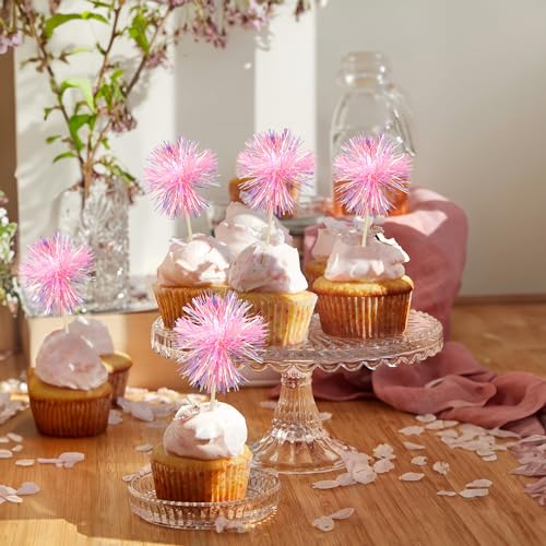 30Pcs Foil Firework Cupcake Toppers Sparkle Tinsel Cake Toppers Tinsel Drink Cake Decoration Cocktail Picks for Birthday Wedding Graduation Party Supplies Dark Pink (30 Count)