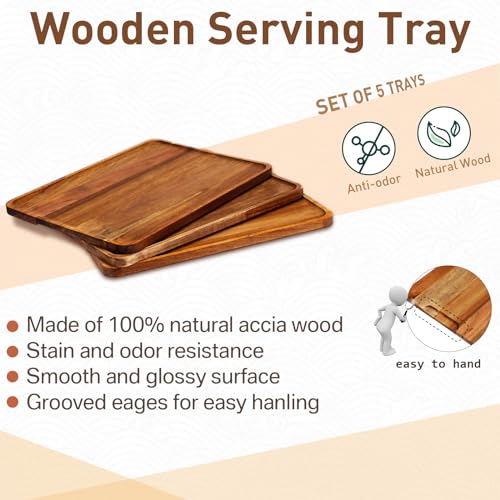 5 Pack Solid Acacia Wood Serving Trays for Food