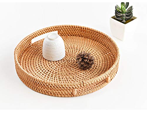 Round Rattan Serving Tray Decorative Woven Ottoman Trays with Handles for Coffee Table Natural