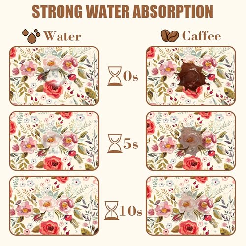 Vintage Flowers Coffee Mat Rose Berries Dish Drying Mat for Kitchen Counter Hide Stain Absorbent Rubber Backed Coffee Bar Accessories Fit Under Espresso Machine Dish Drainer