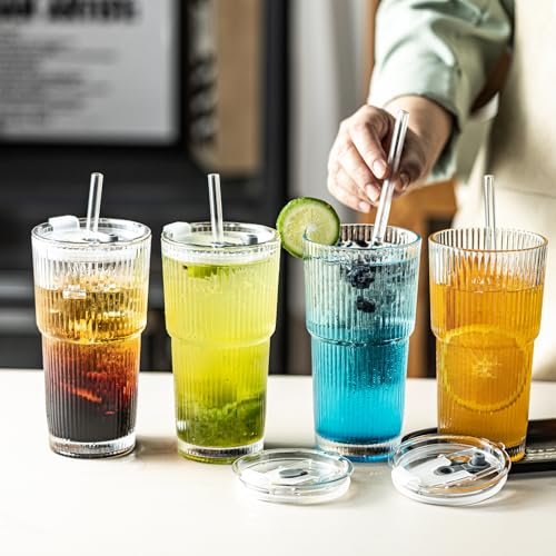 20oz Ribbed Drinking Glasses with Lids and Glass Straws