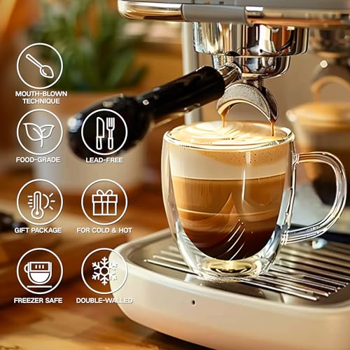 8 Ounces Set of 4 Double Walled Glass Coffee Mugs with with Handle Insulated Layer Coffee Cups Borosilicate Glass Espresso Double Insulated Clear Glass Coffee Mug for Hot Beverages (4 Count)