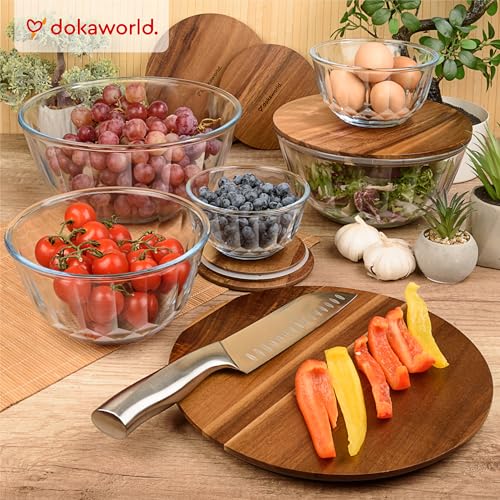 Large Stackable Glass Mixing Bowls with Acacia Lids Set of 5