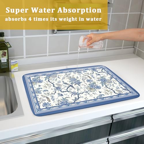 Chinoiserie Dish Drying Mat 18x24in Blue White Oriental Floral Birds Kitchen Drainer Mats Porcelain Flowers Absorbent Microfiber Dish Drying Pad Large for Countertop Home Decor