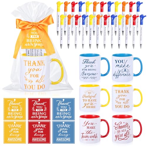 6 Set Employee Appreciation Gifts Include Thank You Staff Mug Gift Set 12 oz Appreciation Mugs Inspirational Pens Tags for Employee Staff Team Group (6 Count)