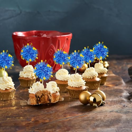 30Pcs Foil Firework Cupcake Toppers Firework Cake Toppers Tinsel Flower Drink Stirrers Cocktail Food Fruit Toothpicks for Valentine's Day Party Decorations Blue (30 Count)