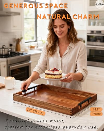 22 Inch Acacia Wooden Serving Tray with Black Metal Handles