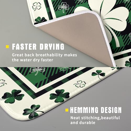 Patrick Clovers Dish Drying Mat 16"x18" Lucky Shamrock Spring Leaf Dish Drainer Mats Green Black Buffalo Plaids Absorbent Microfiber Dish Drying Pad for Kitchen Countertop Small Decor